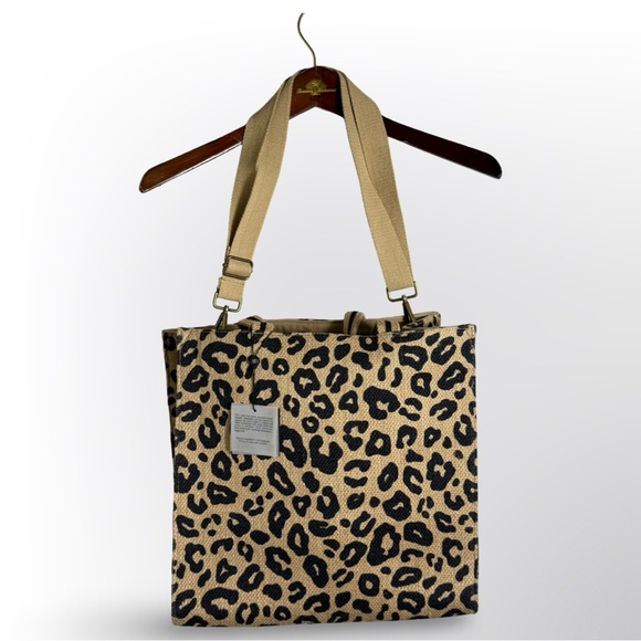America & Beyond Leopard Print Jute Tote Bag NWT Animal Print Large - Picture 3 of 6